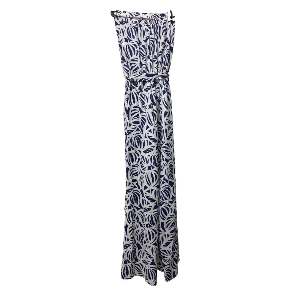 Lilly Pulitzer Blue And White Leaf Strapless Jumpsuit With Belt Size XS - Picture 4 of 7